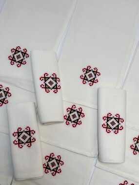 Set of 12 Hand Embroidered Linen Napkins White Folk Style Cottage Farmhouse
